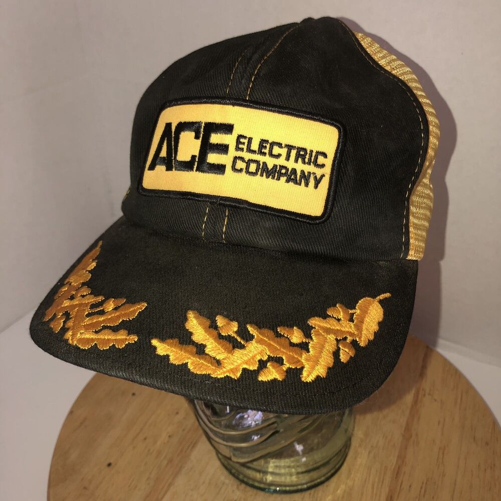 Vintage ACE ELECTRIC COMPANY 70s 80s Black Yellow Trucker Hat Cap Snapback PATCH